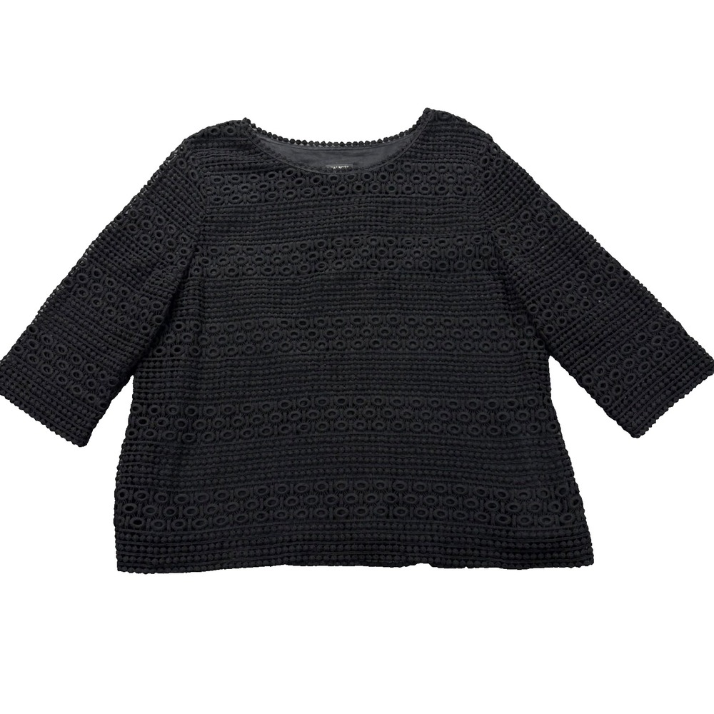 Talbots Top Womens LP Crochet Eyelet Lace 3/4 Sleeve Scoop Neck Black lined